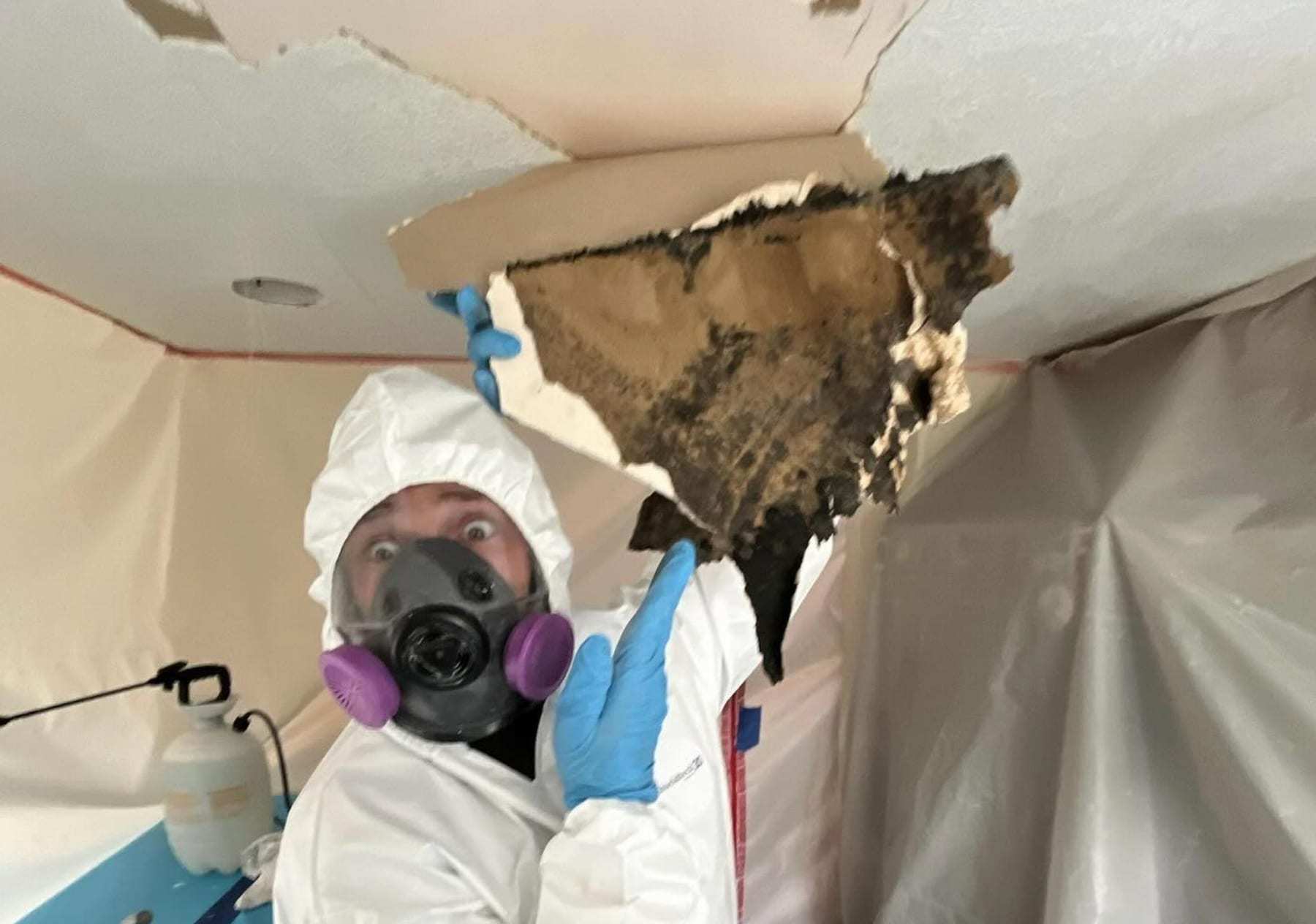 Technician in a respirator inside containment pointing at a moldy ceiling opening